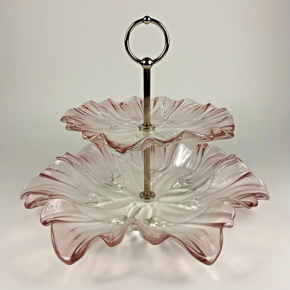 Mikasa Tier Frosted Pink Tulip Glass Serving Appetizer Tray 10